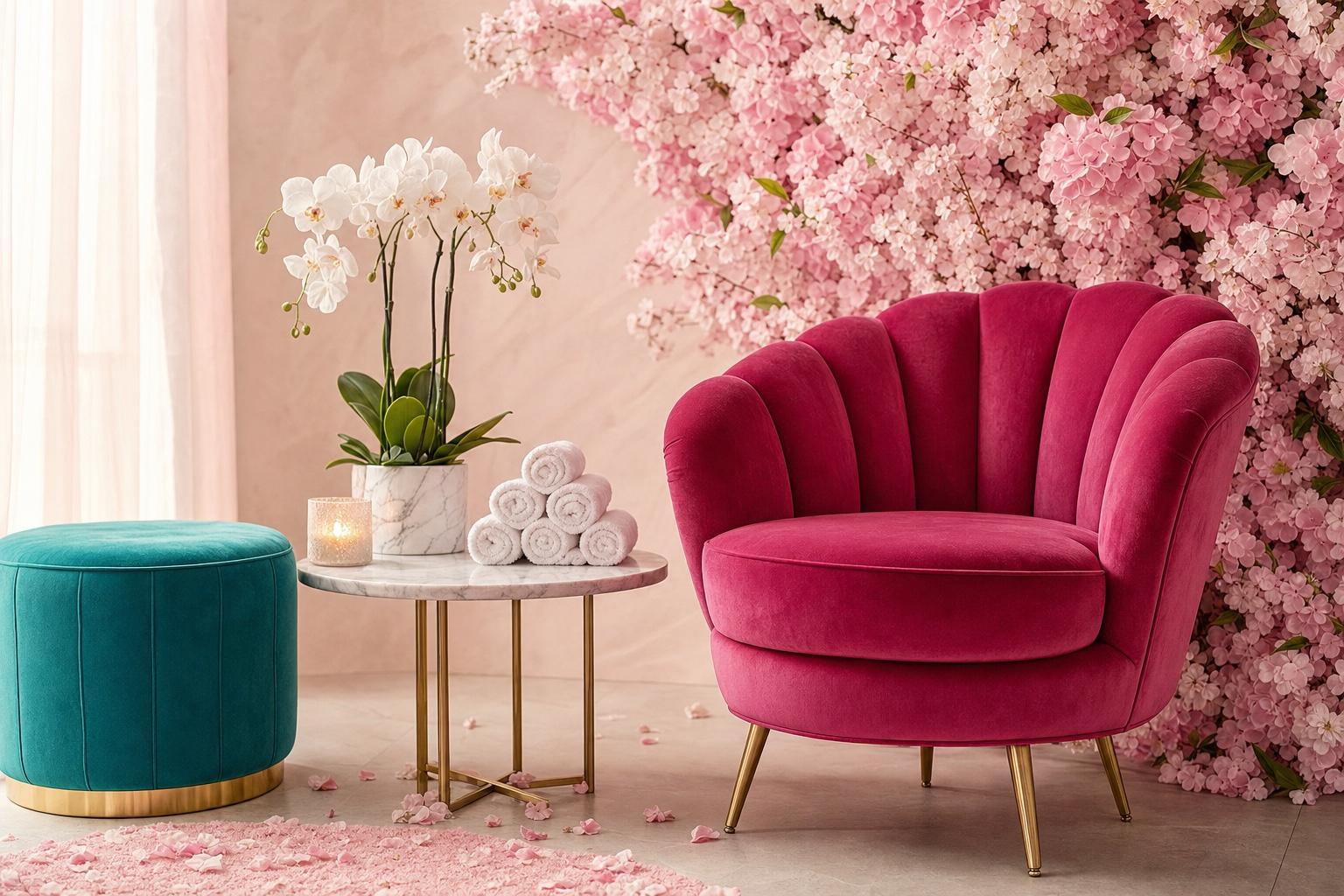 L'espace d'accueil de l'institut Au Studio Beauté à Jacou, avec son mur de fleurs roses et ses fauteuils en velours